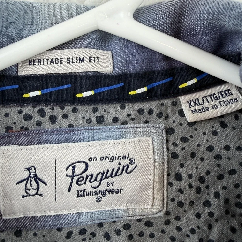 Original‎ Penguin Shirt Mens 2XL Blue Plaid Long Sleeve Button Up Slim Flannel